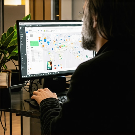Person analyzing local search analytics on a computer with maps and graphs.