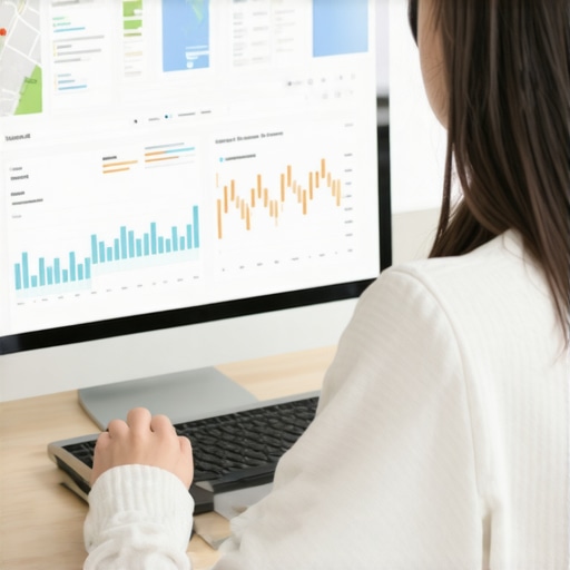Analyzing Local SEO Data Person analyzing local SEO performance data on a laptop with graphs and maps.