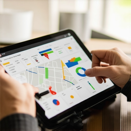 Person reviewing local SEO analytics on a tablet with maps and graphs in the background.