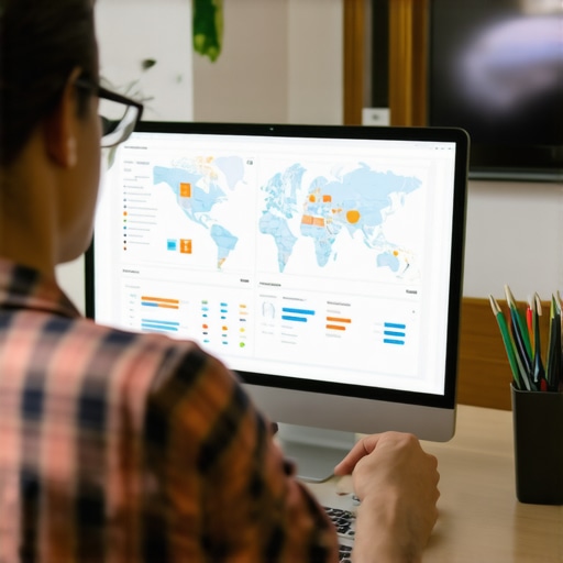 Business owner reviewing local SEO performance on a laptop with maps and graphs