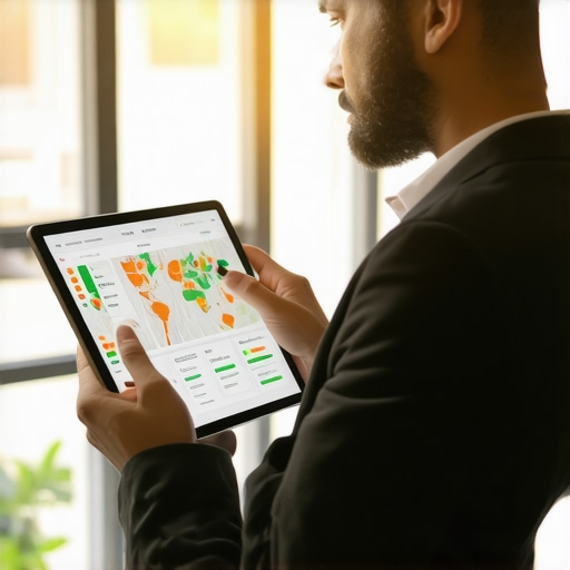 Business owner reviewing local SEO analytics on a tablet with maps and charts.