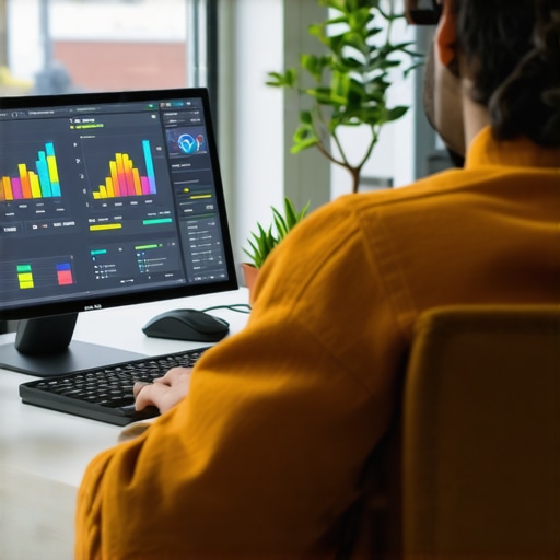 Business owner analyzing local SEO analytics with advanced tools and AI technology in a professional workspace.