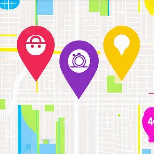 Illustration of digital map with local business markers and marketing icons