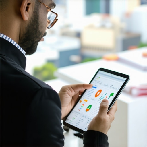 Business owner reviewing local SEO analytics on a tablet with city backdrop.