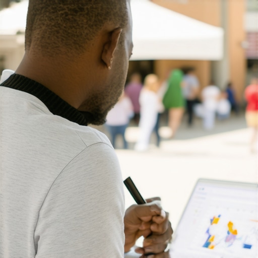 Business owner analyzing local SEO data on laptop with community background.