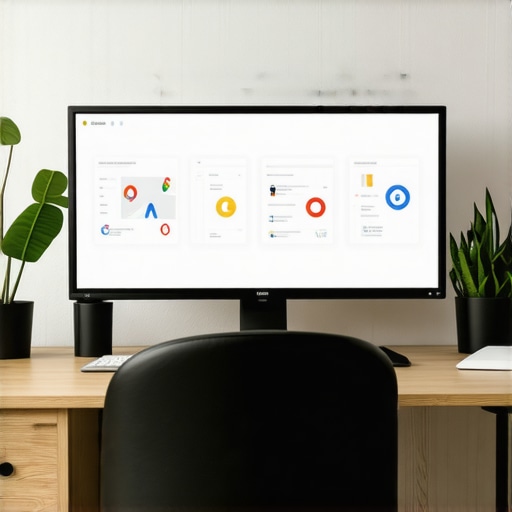 A workspace with a laptop displaying local SEO analytics and maps optimization tools.
