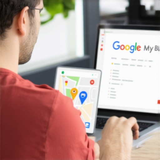 Optimizing GMB Profile for Local SEO Business owner working on Google My Business profile on laptop with maps and SEO icons.