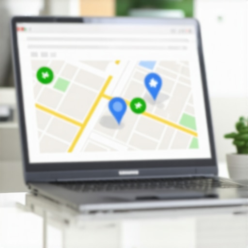 Optimizing Google My Business Profile Business owner updating GMB profile on laptop with local map and reviews.