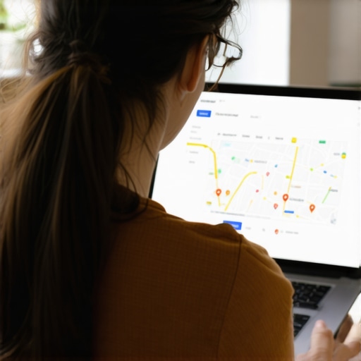 Person working on Google My Business profile on laptop with maps and SEO tools
