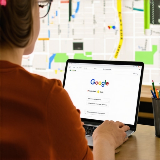 Local SEO Optimization Business owner updating Google My Business profile on laptop with local maps in background.