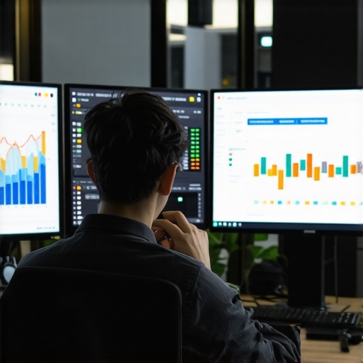 Monitoring SEO Performance with Advanced Tools Person analyzing SEO data on a multi-monitor setup in an office