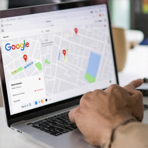Business owner updating Google My Business profile on a laptop with local map background.