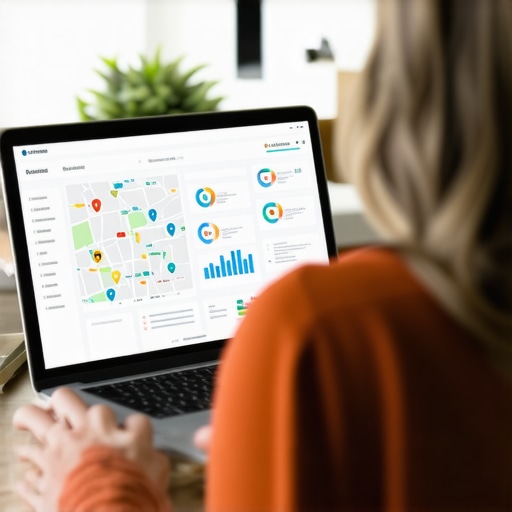 Analyzing Local SEO Data Person reviewing local SEO metrics and maps on a laptop for strategy improvement.