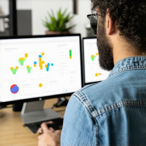 Business owner reviewing local search performance data on a laptop with maps and graphs.