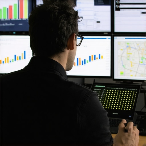 Business analyst reviewing local SEO metrics on computer screens, highlighting tools and maps.