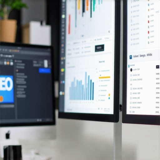 Digital Marketing Workspace with SEO Analytics A professional workspace featuring screens with maps SEO metrics and keyword data.