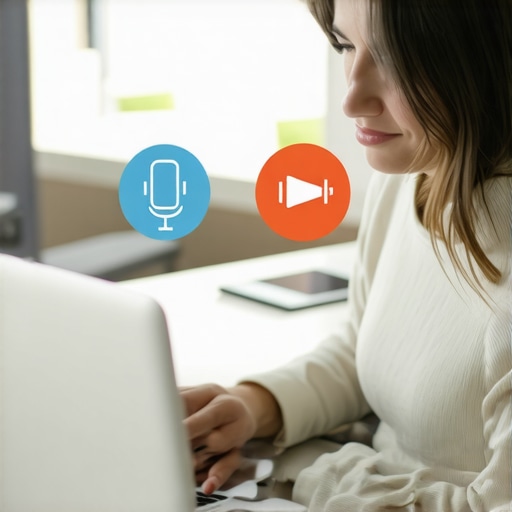 Business owner working on local SEO optimization for 2026 with mobile and voice search icons.