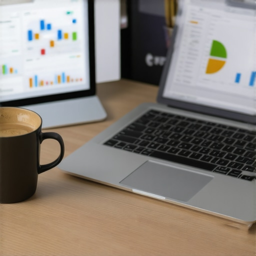 Optimized Local SEO Workstation Laptop displaying SEO analytics with tools and coffee on desk