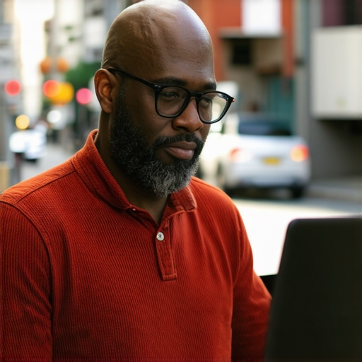 Business owner updating Google My Business profile on laptop with city backdrop