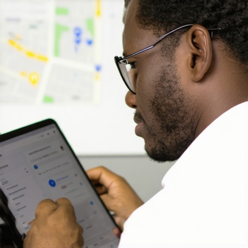 Business owner analyzing local SEO performance with maps and charts