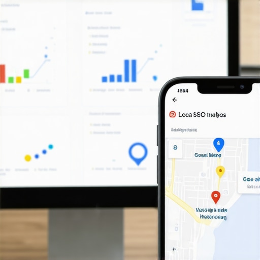 Desktop and smartphone displaying SEO analytics and Google Maps, illustrating local SEO management tools.