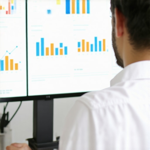 Digital marketer reviewing SEO analytics on a monitor with charts and graphs.