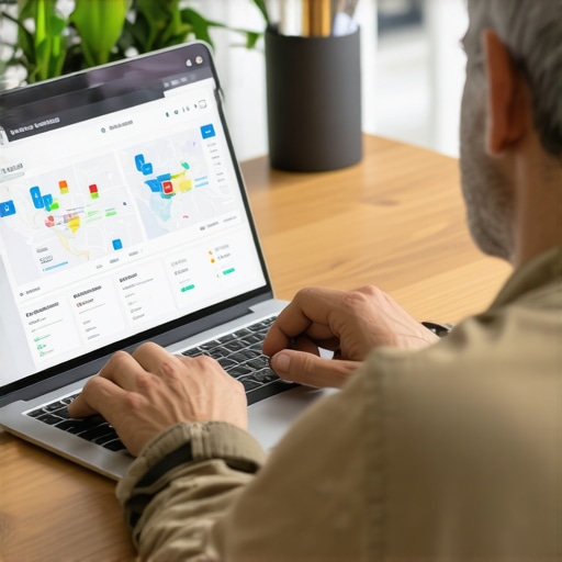 Business owner analyzing local SEO data on a laptop with charts and maps