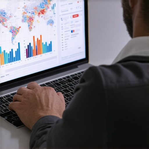 Using SEO Analytics Tools for Local Business Person analyzing local SEO performance with maps and data on a computer monitor.