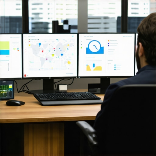 Using SEO Tools for Local Business Visibility A digital marketer analyzing local SEO data on multiple monitors in a modern office