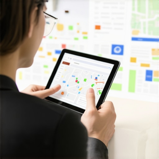 Business owner studying local SEO analytics on a tablet with maps in the background.