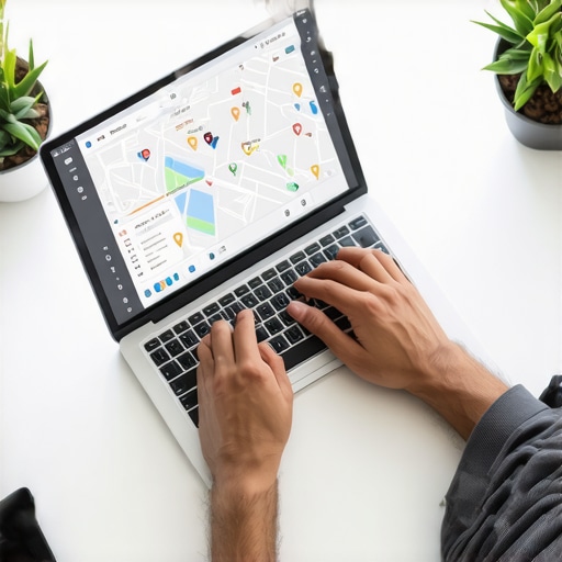 Business owner enhancing their Google My Business profile on a laptop in a workspace filled with local marketing materials.