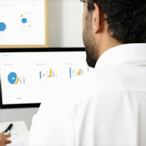 Digital marketing tools for local SEO Person analyzing local SEO metrics on a laptop, with charts and maps displayed.