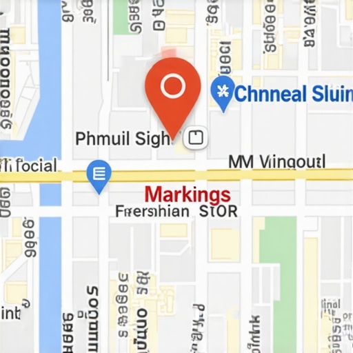 A detailed map showing optimized local business listings, schema markup icons, proximity indicators, and search signals.