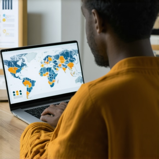 Using Advanced Local SEO Tools for Maintenance Person analyzing local SEO metrics on a laptop with maps and charts.